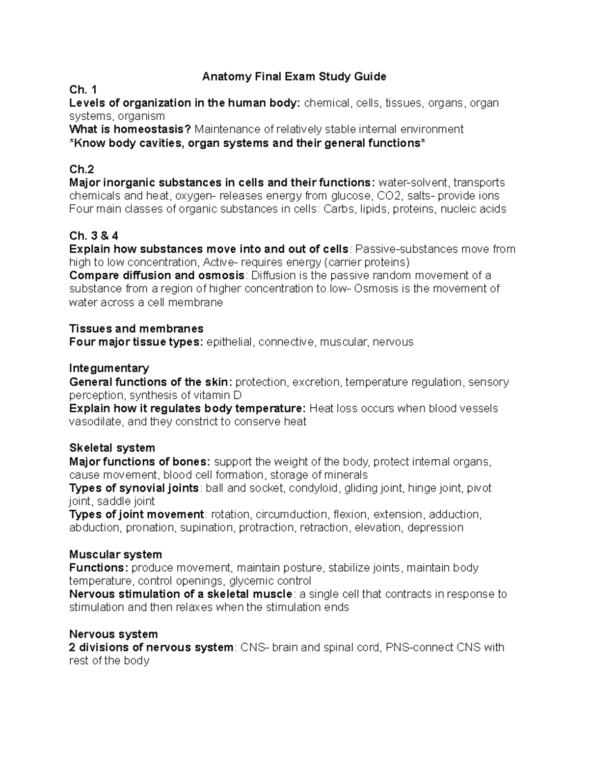 BMS 202 Anatomy Final Exam Study Guide: Key Concepts & Functions - Studocu
