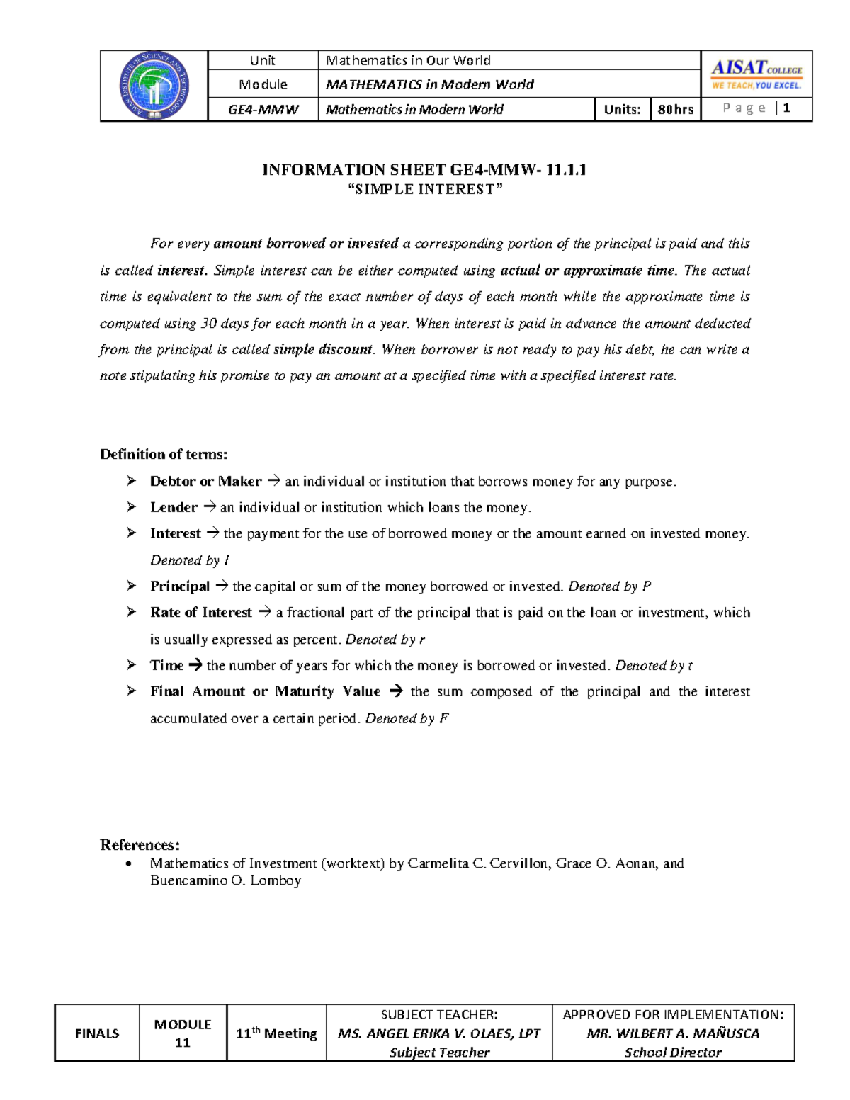 Unit Module 11: Simple Interest Concepts in Mathematics (GE4-MMW) - Studocu
