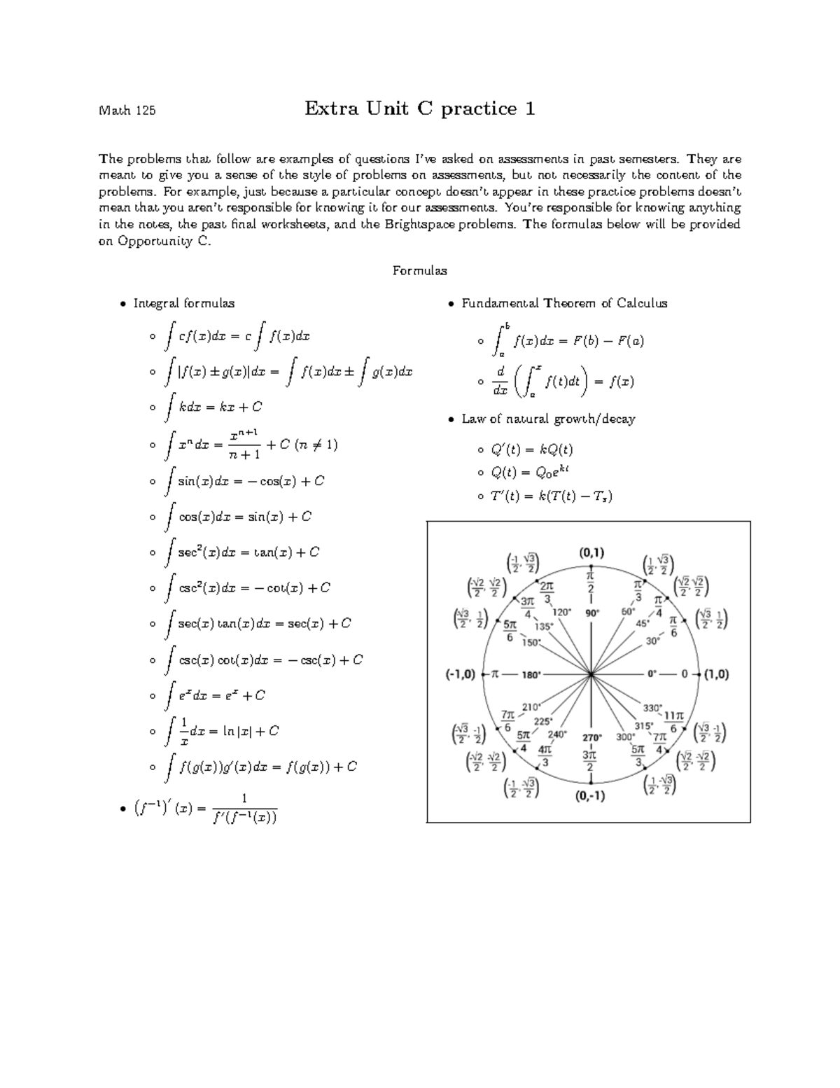 Spring 2026 Math 125 Extra Unit C Practice Problems - Studocu