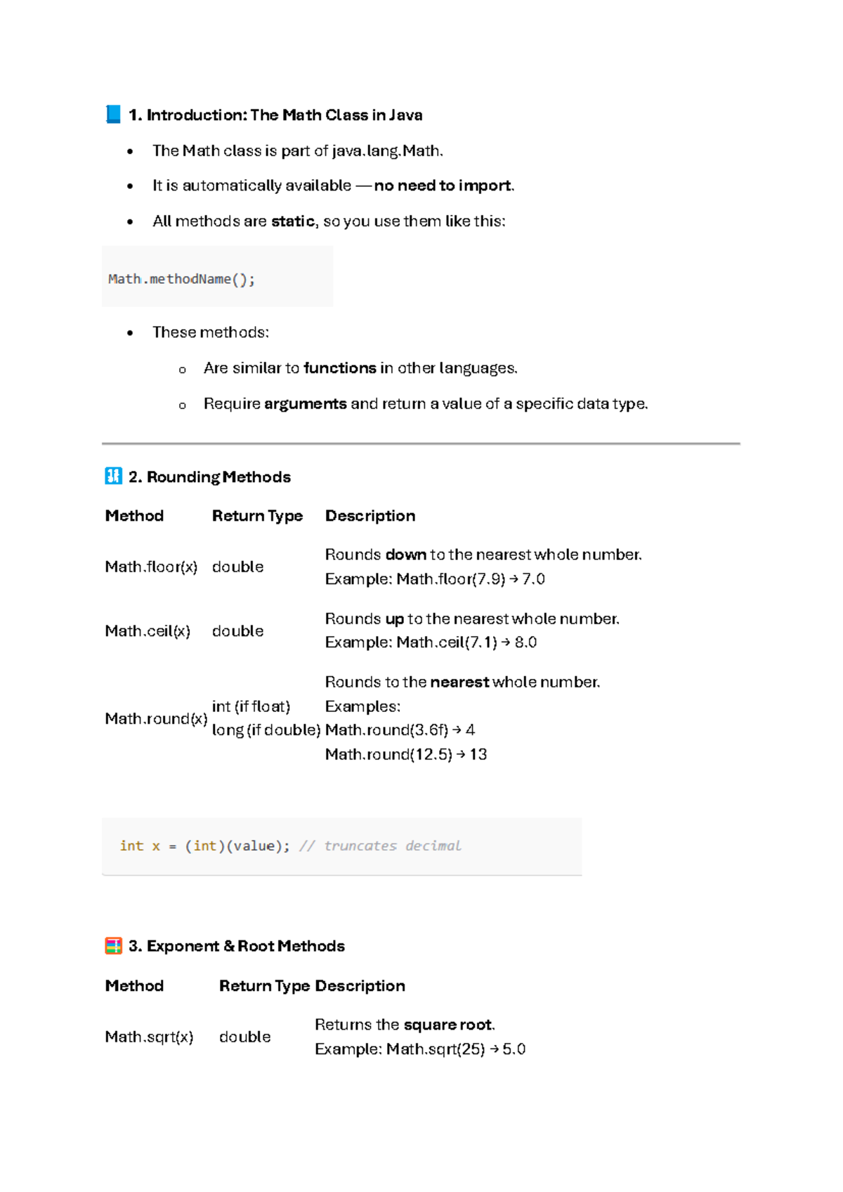 Java Math Class Notes: Functions, Methods & Examples - Studocu