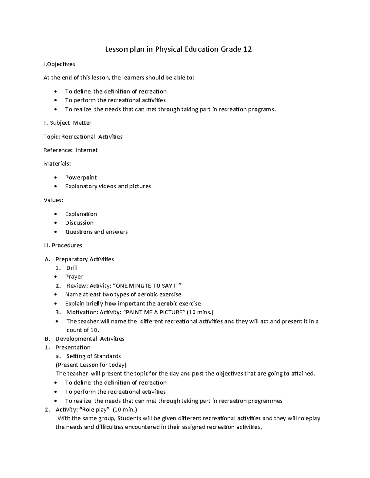 Pe 12 - Lesson Plan on Recreational Activities for Grade 12 - Studocu