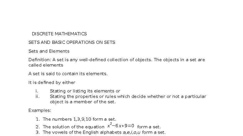 Discrete Mathematics (MATH101) - Sets and Basic Operations Notes - Studocu