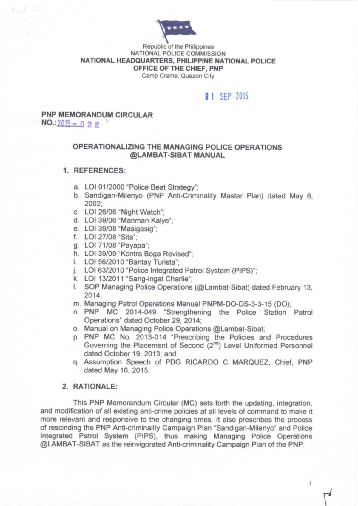 PNP MC No. 5: Operationalizing the Managing Police Operations Manual ...