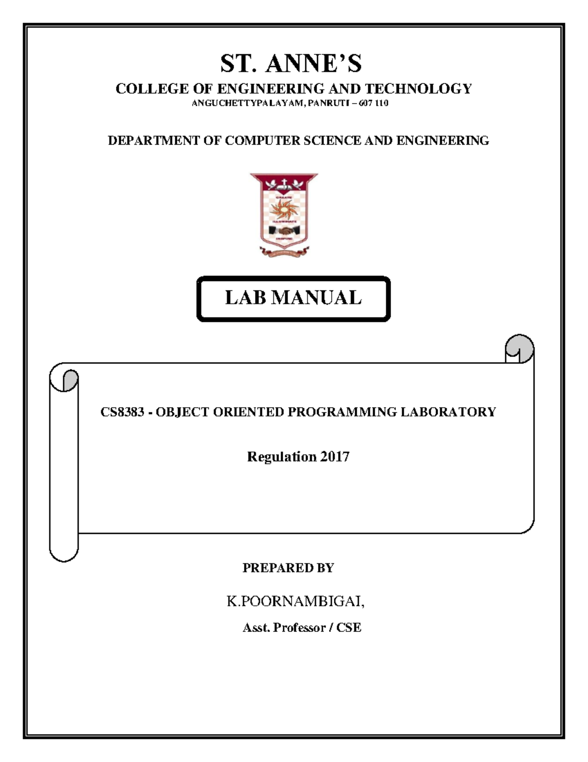 CS8383 - Object Oriented Programming Laboratory Lab Manual - Studocu