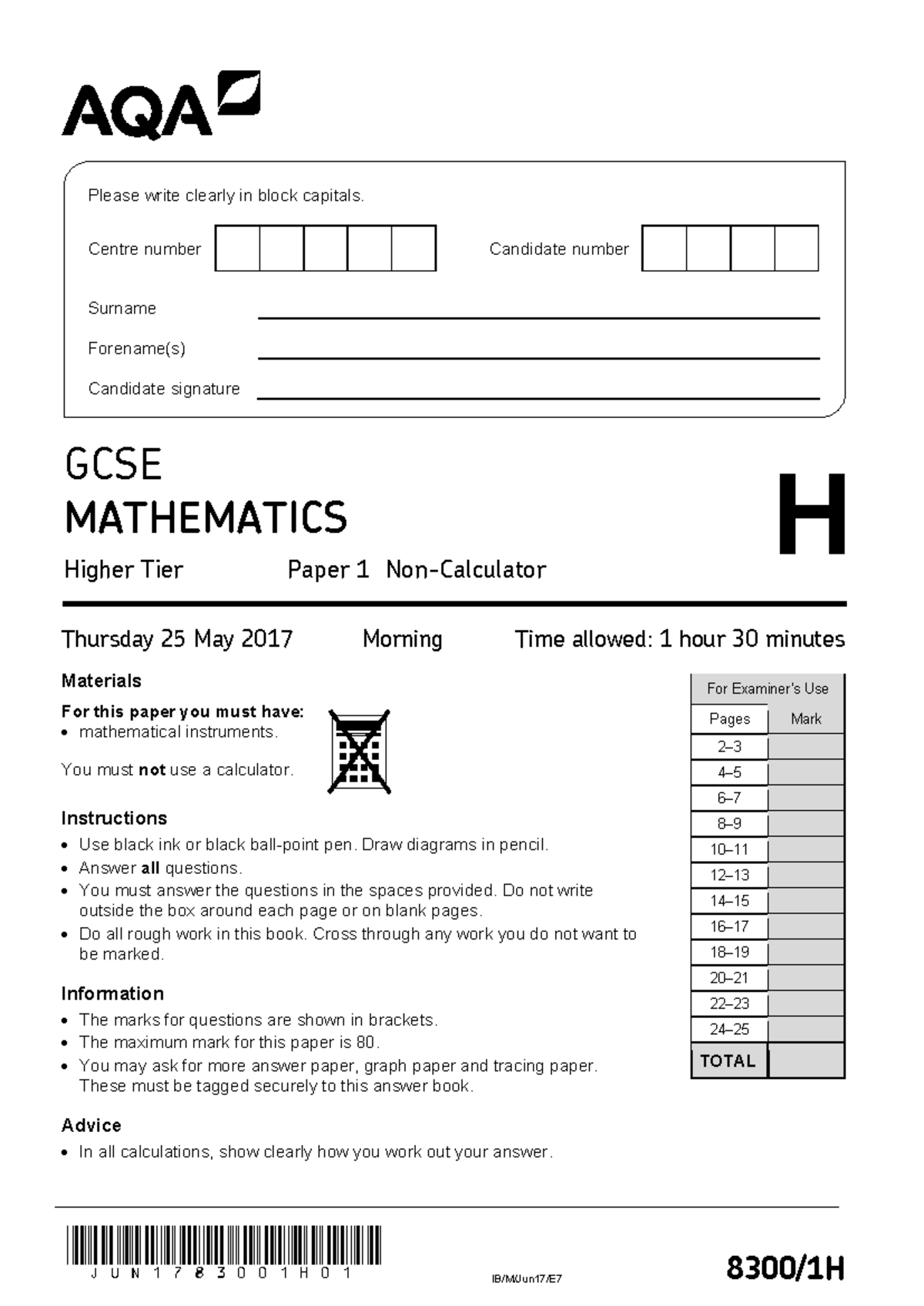 GCSE MATHEMATICS Higher Tier H Paper 1 - June 2017 Question Paper - Studocu