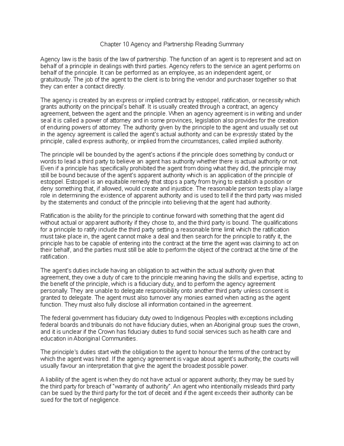 Chapter 10 Reading Summary - Chapter 10 Agency and Partnership Reading ...