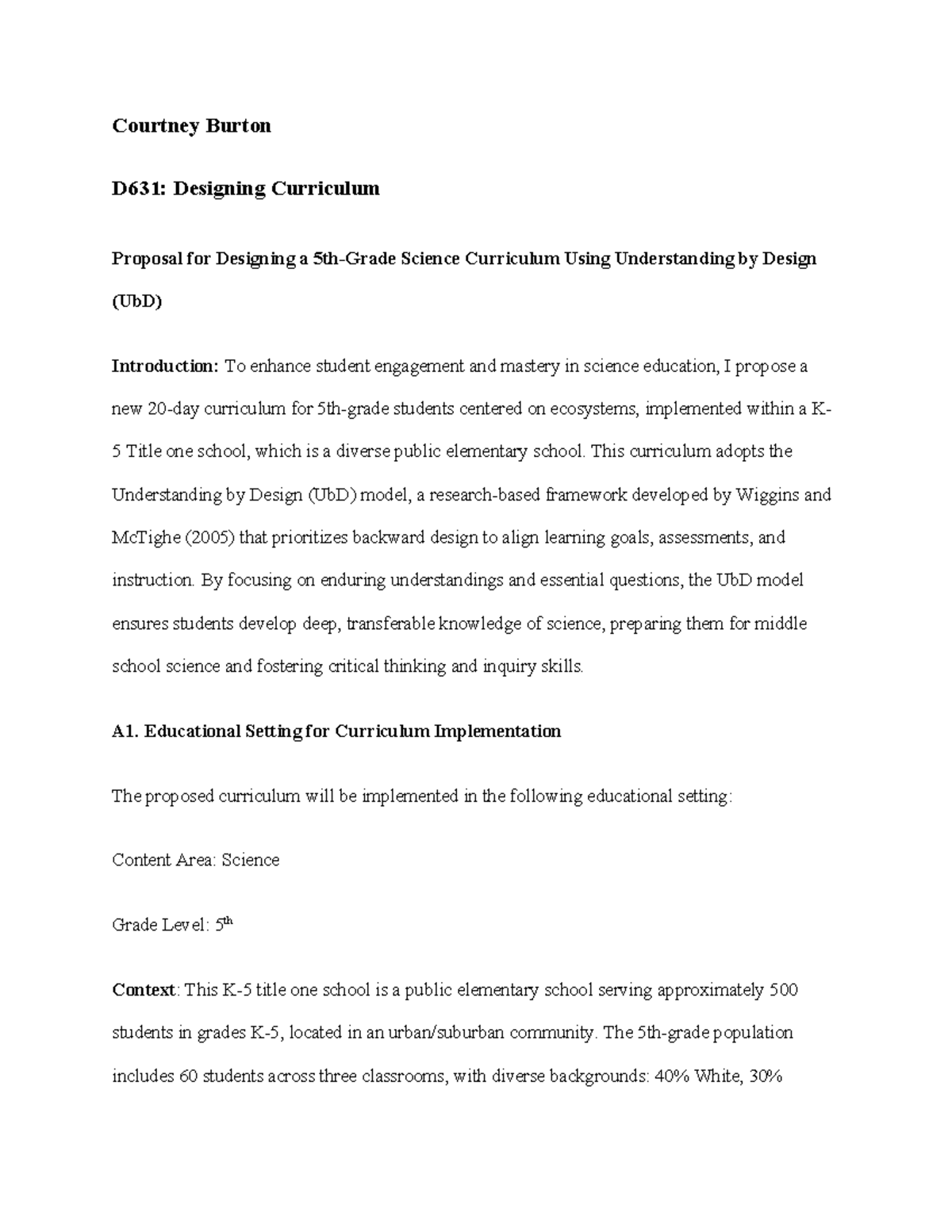 D631: Curriculum Proposal for 5th Grade Science Using UbD - Studocu