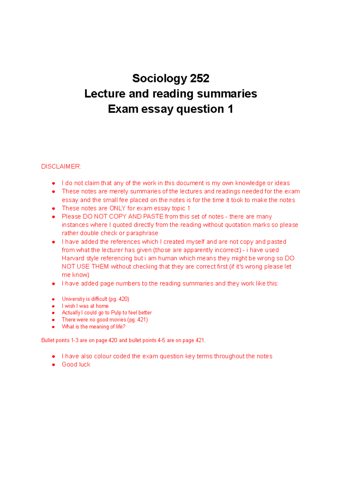 Sociology 252 Final Exam Essay Notes: Key Concepts & Theories - Studocu