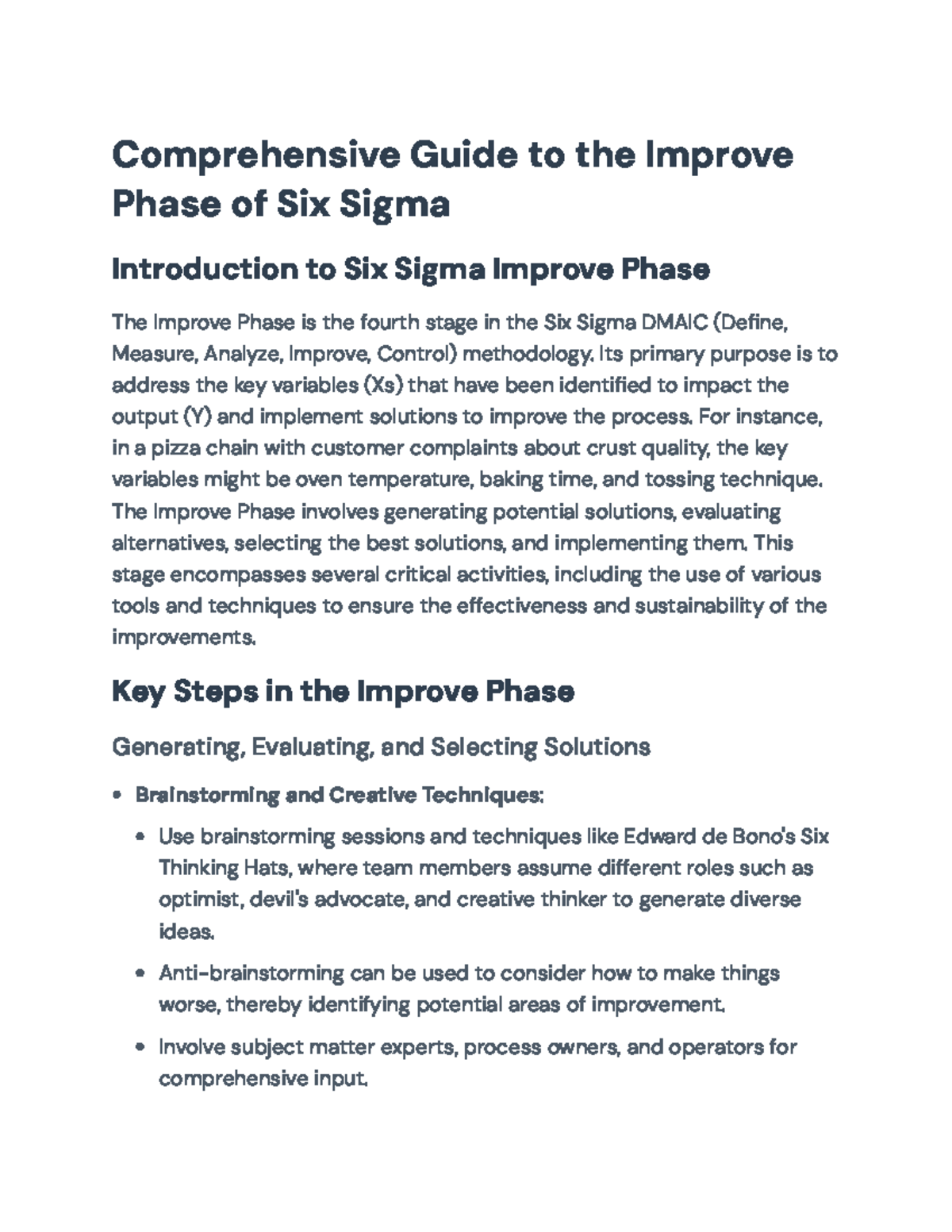 Six Sigma DMAIC Improve Phase: Solutions & Risk Management Guide - Studocu