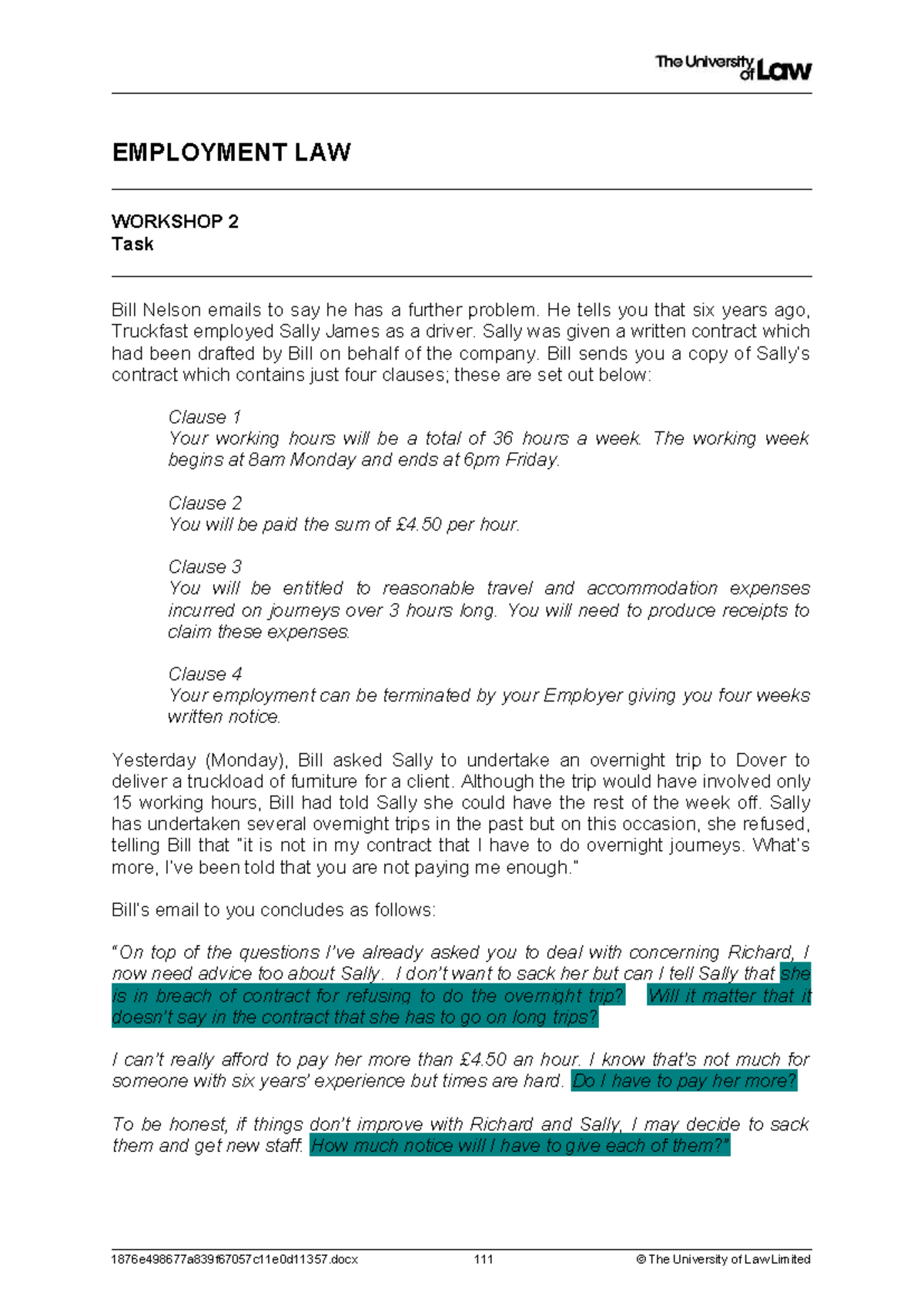 Unit 2 Workshop 2 - Employment Law Case Study on Sally James - Studocu