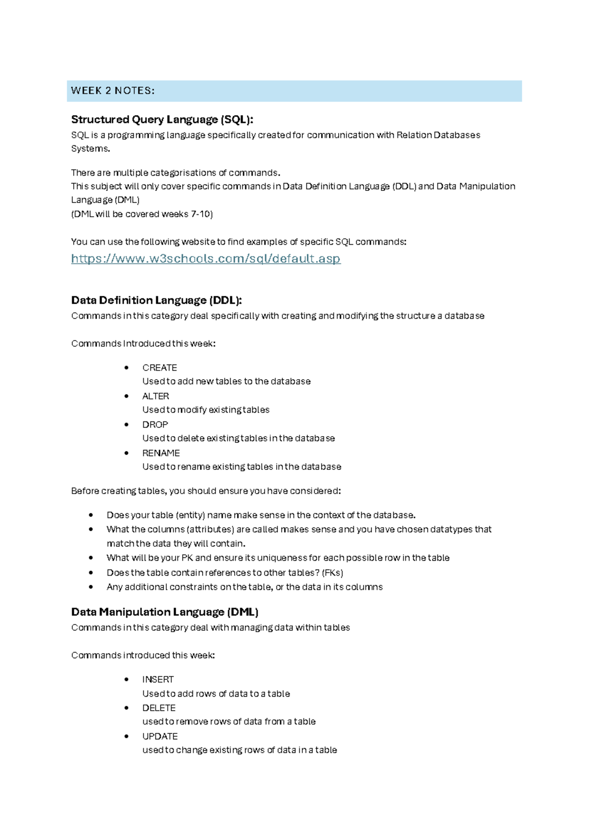 WEEK 2 NOTES: SQL DDL & DML Commands Overview - Studocu