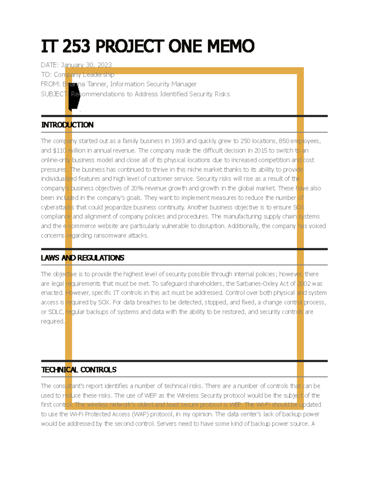 IT 253 Project 1: Security Risk Recommendations Memo - Studocu