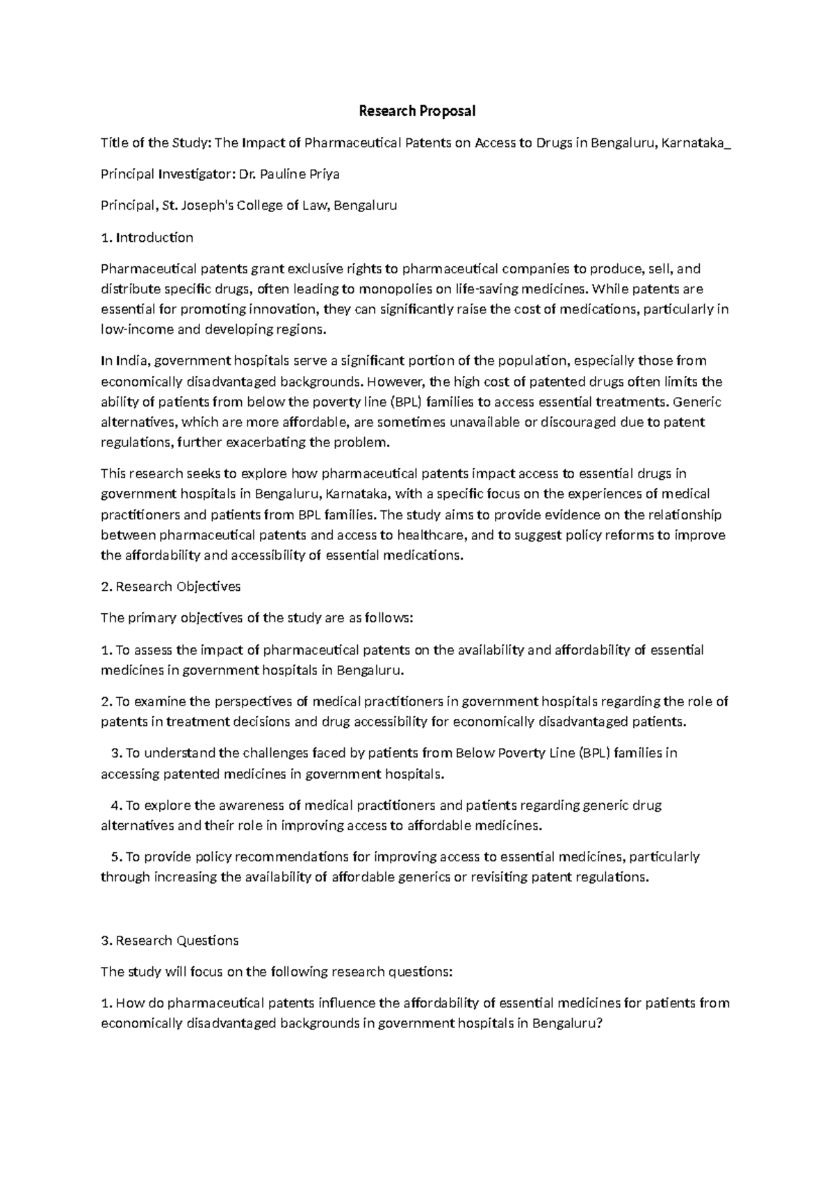 Research Proposal: Impact of Pharma Patents on Drug Access in Bengaluru ...