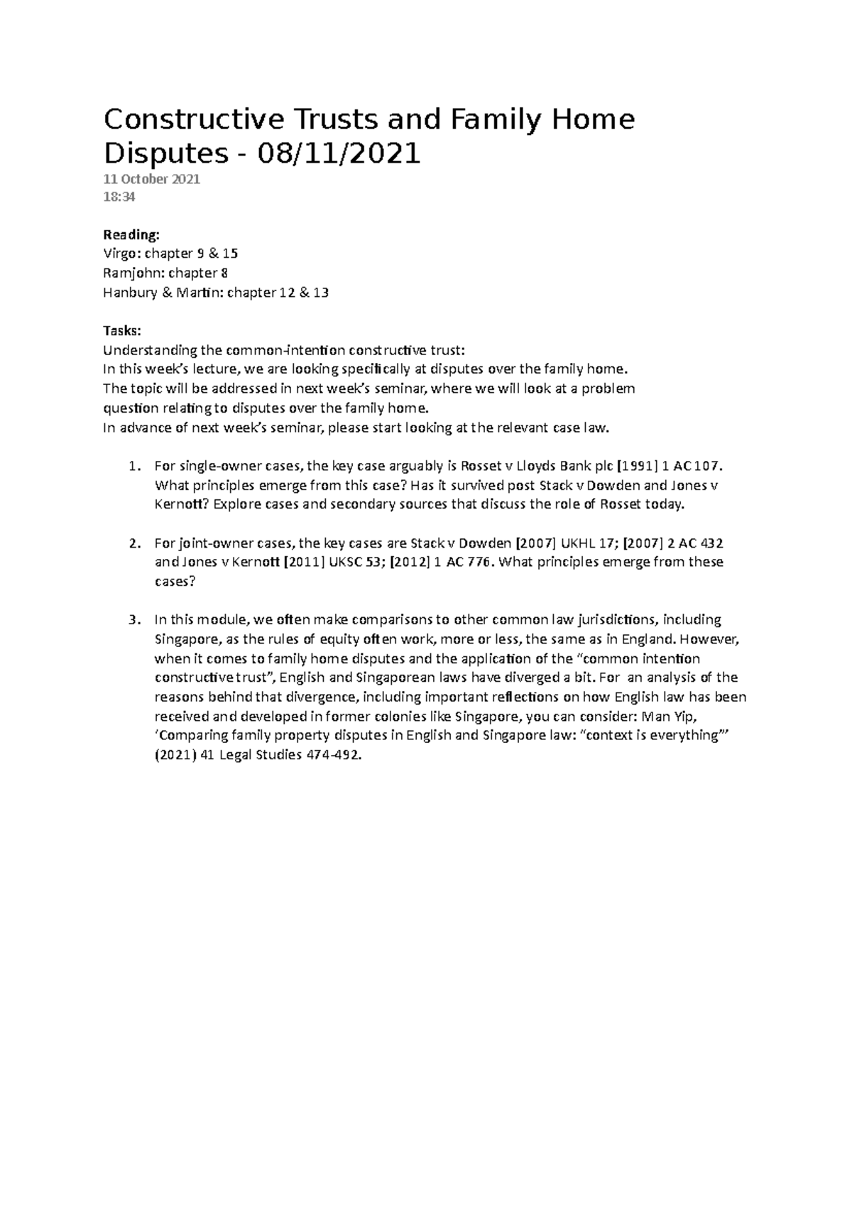 S5 - Seminar Notes on Constructive Trusts & Family Home Disputes - Studocu