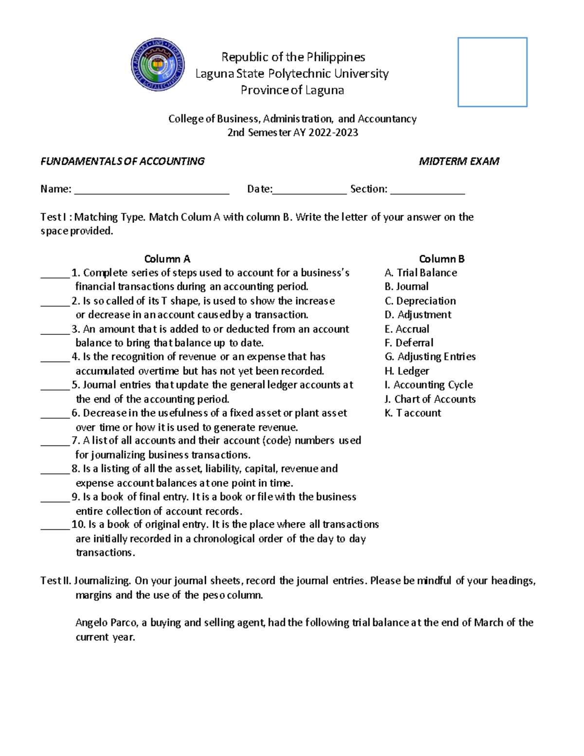 FOA - Midterm Exam - Acctg 1: Fundamentals of Accounting Guide - Studocu