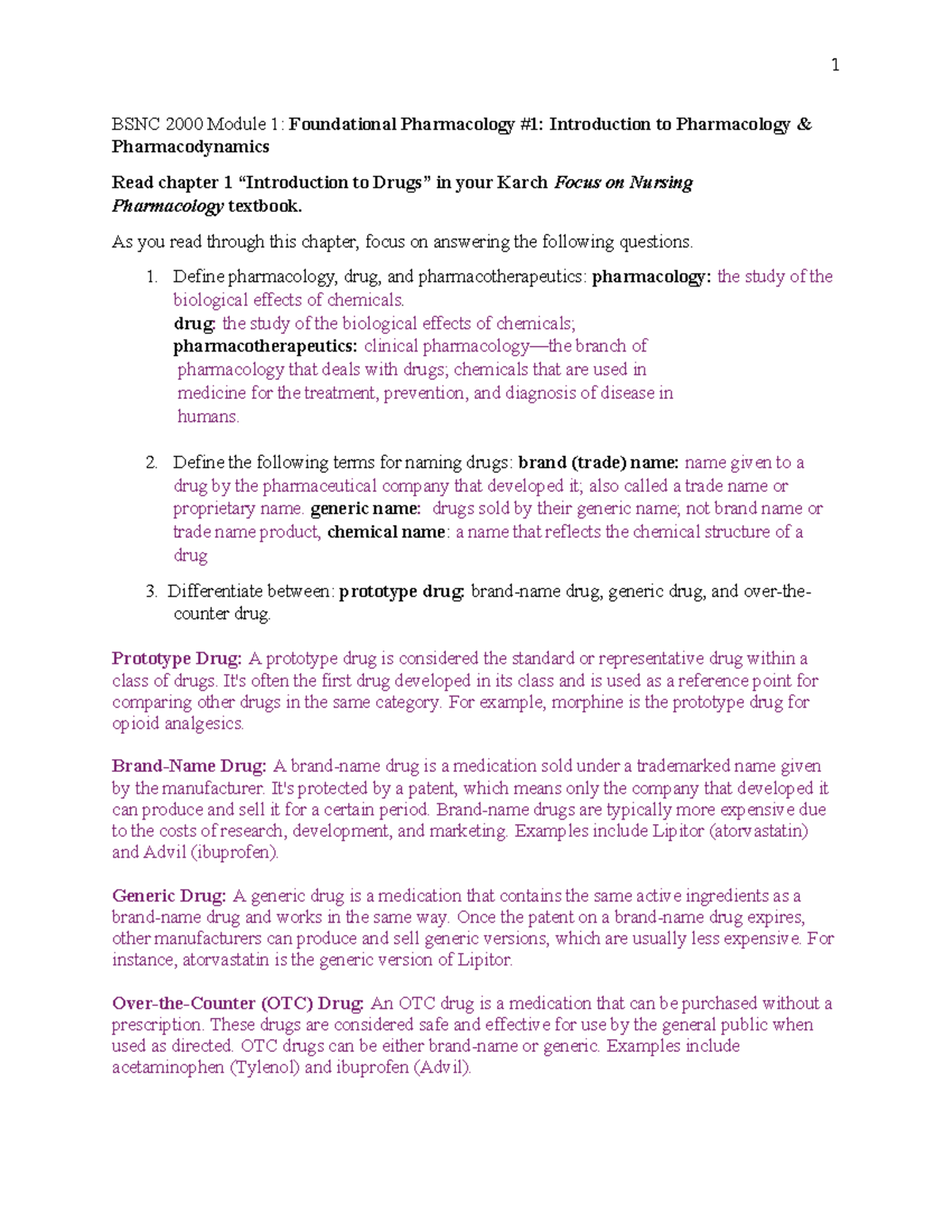 Module 1 Class 1 Intro to Pharmacology - BSNC 2000 Module 1 ...