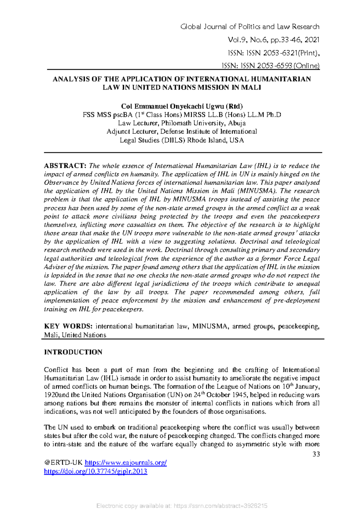 Analysis of International Humanitarian Law Application in MINUSMA (IHL ...