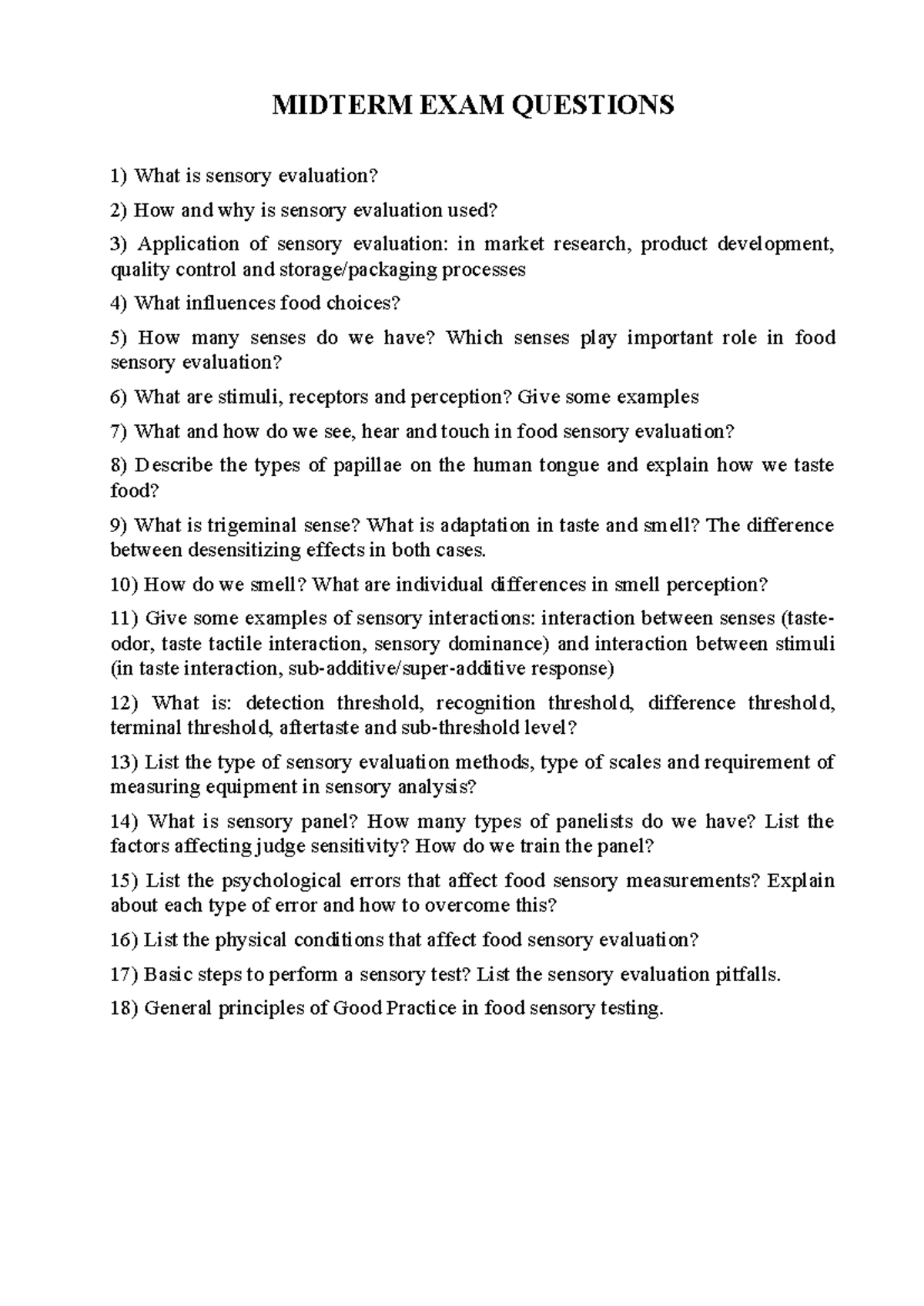 MIDTERM & FINAL EXAM Qs on Sensory Evaluation - Course Code: aaa - Studocu