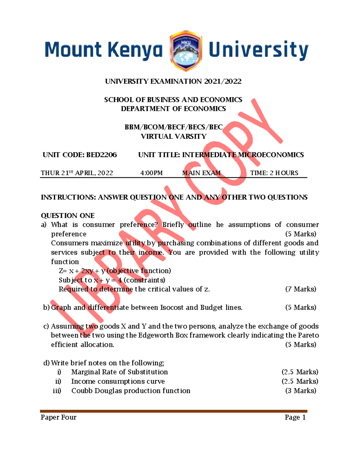 BED2206 Intermediate Microeconomics MAIN EXAM - April 21, 2022 - Studocu