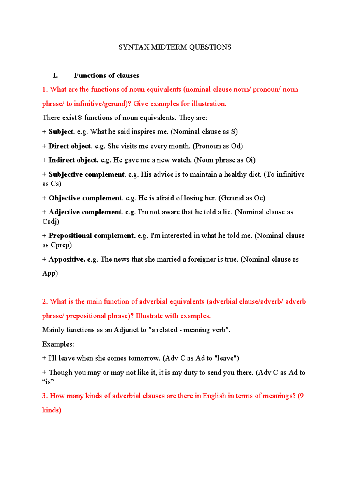 SYNTAX 101 MIDTERM QUESTIONS: CLAUSE FUNCTIONS & ELEMENTS - Studocu