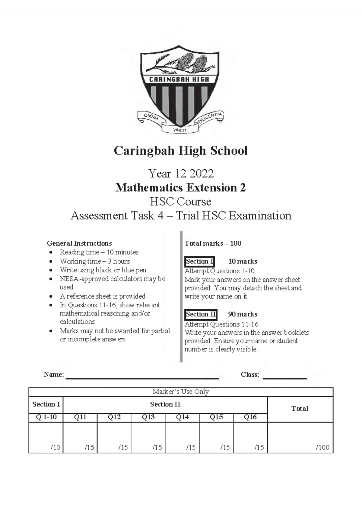 SBHS 2022 Y12 Mathematics Extension 1 Trial HSC Solutions - Studocu