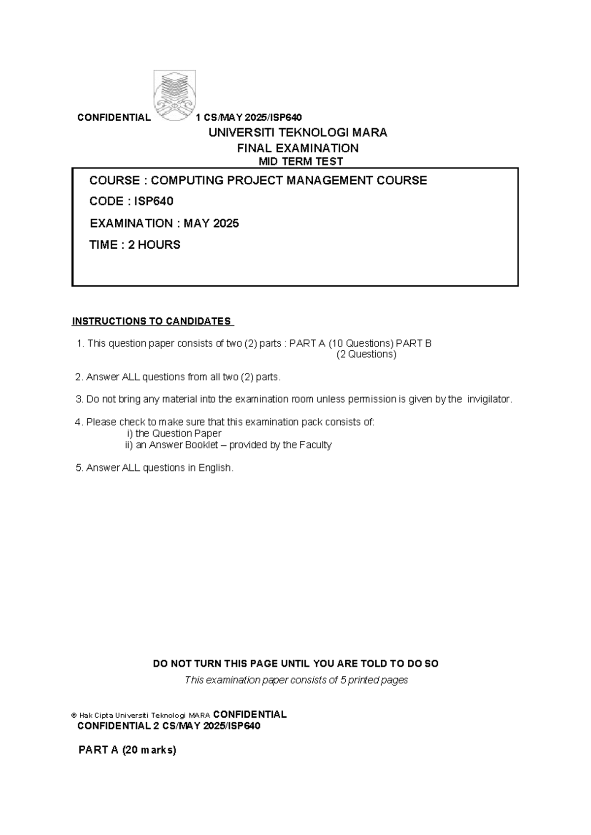 ISP640 Mid Term Exam: Computing Project Management - May 2025 - Studocu