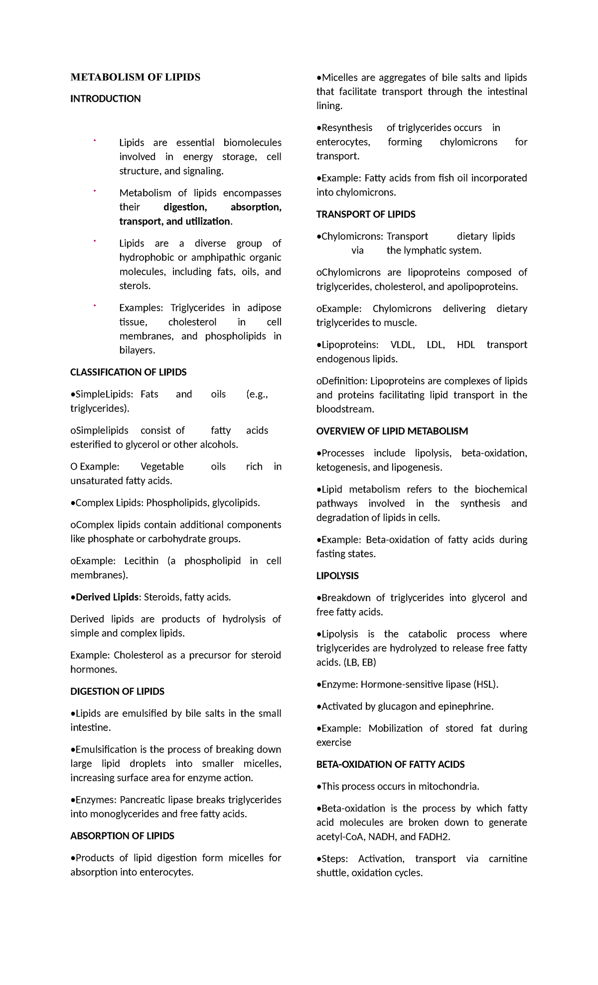 Metabolism OF Lipids notes - METABOLISM OF LIPIDS INTRODUCTION Lipids ...