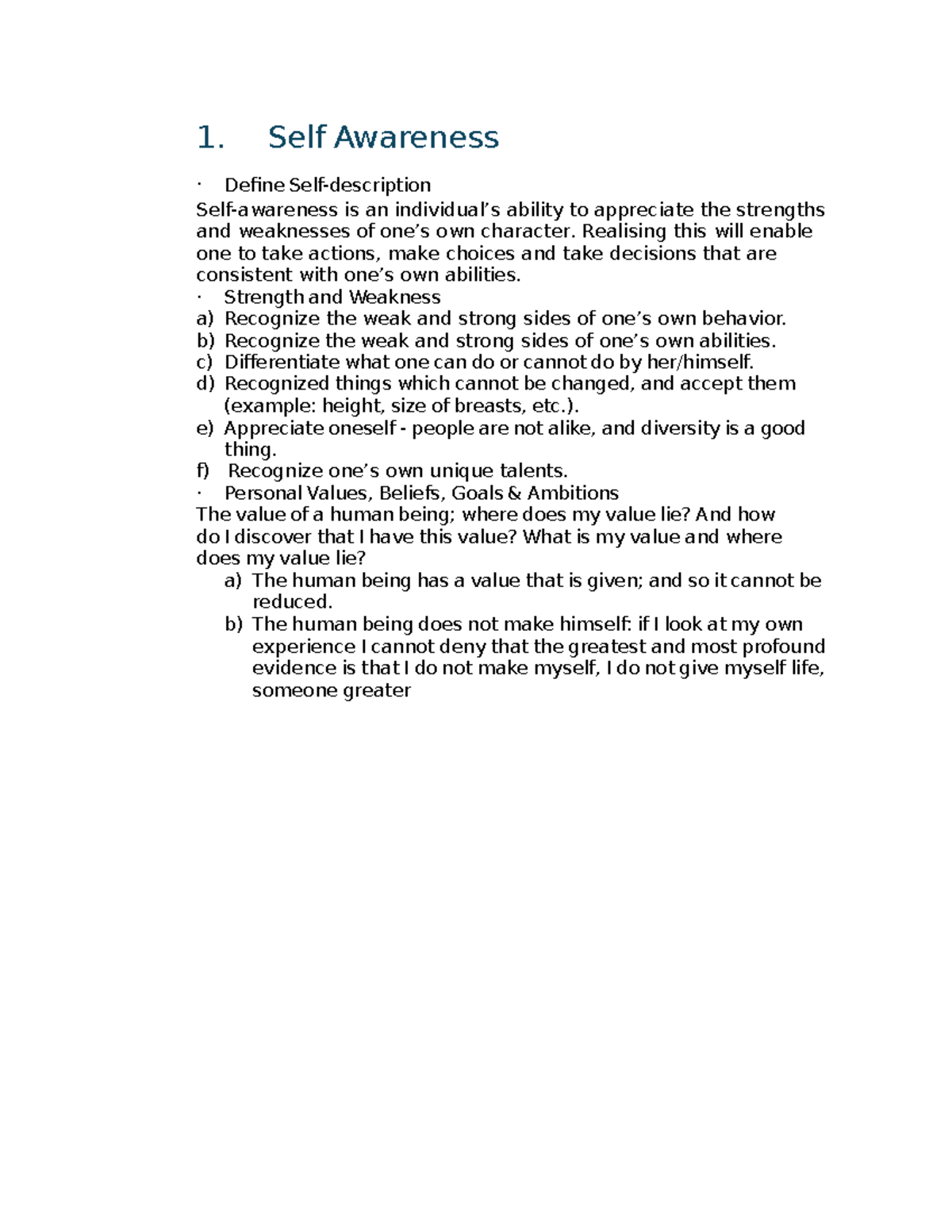 Lifeskills (LS101) Additional Notes on Self Awareness and Self Esteem ...