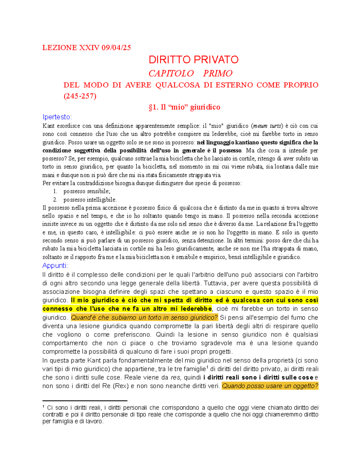 LEZIONE XXIV DIRITTO PRIVATO: Possesso e Proprietà secondo Kant - Studocu
