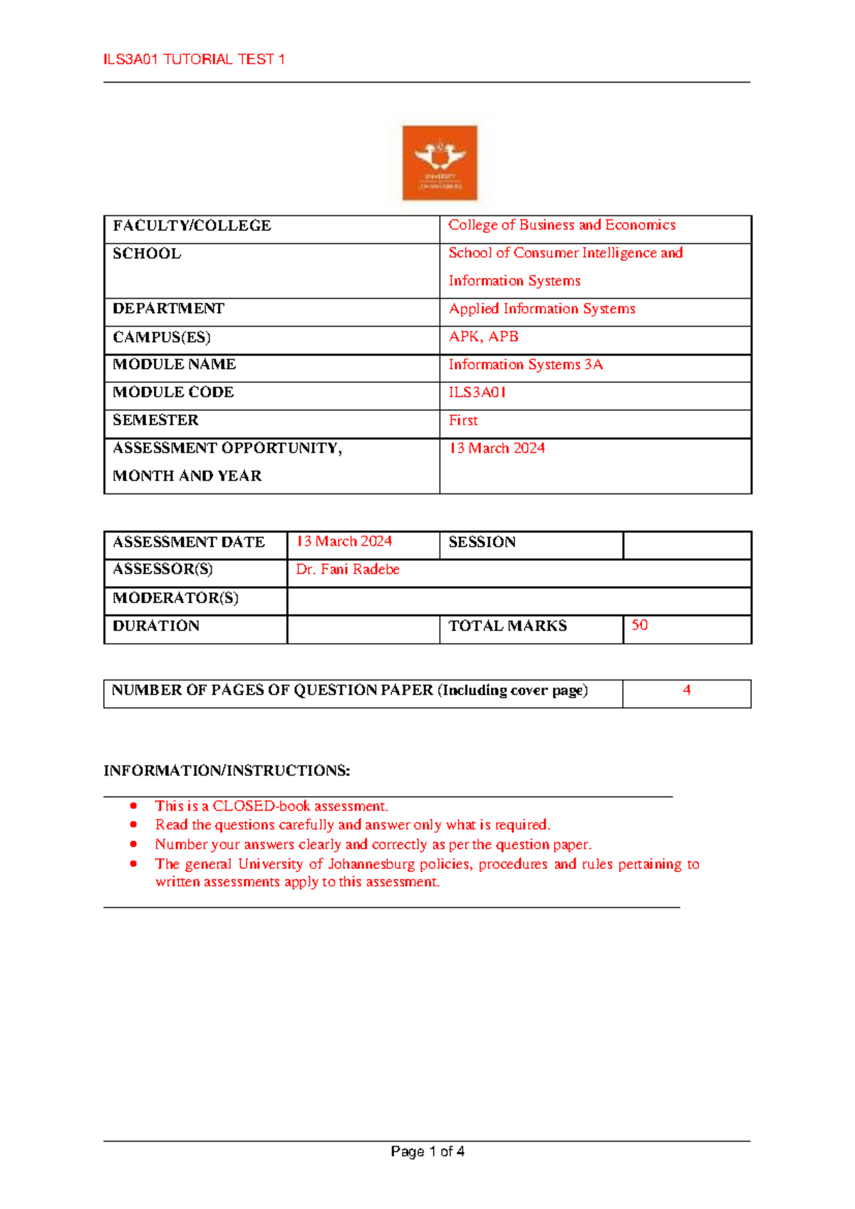 ILS3A01 - Info Systems 3A - Test 1: Database Design & ERD Task - Studocu