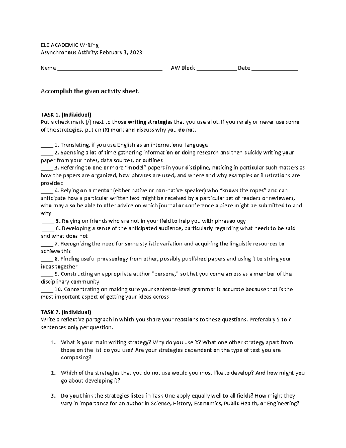 ELE- Academic Writing - Asynchronous Activity - Feb 3, 2023 - Studocu