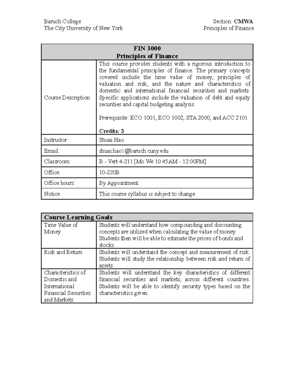 FIN 3000 Principles of Finance Course Syllabus - Fall 2023 - Studocu