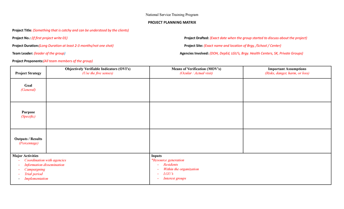 Project-Plan-Matrix - nothing - National Service Training Program ...