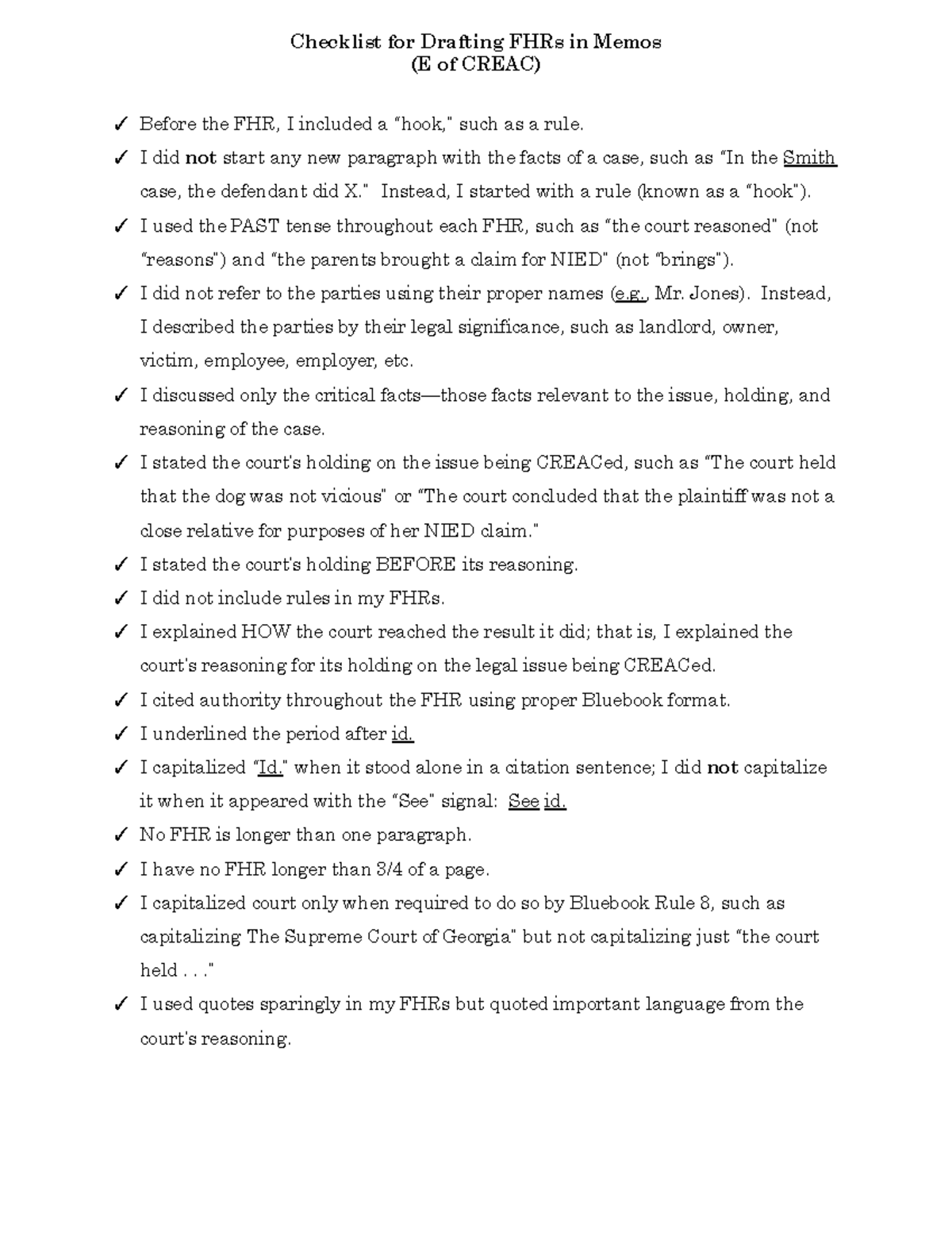 Checklist for Drafting FHRs in Memos (E of CREAC) - Studocu