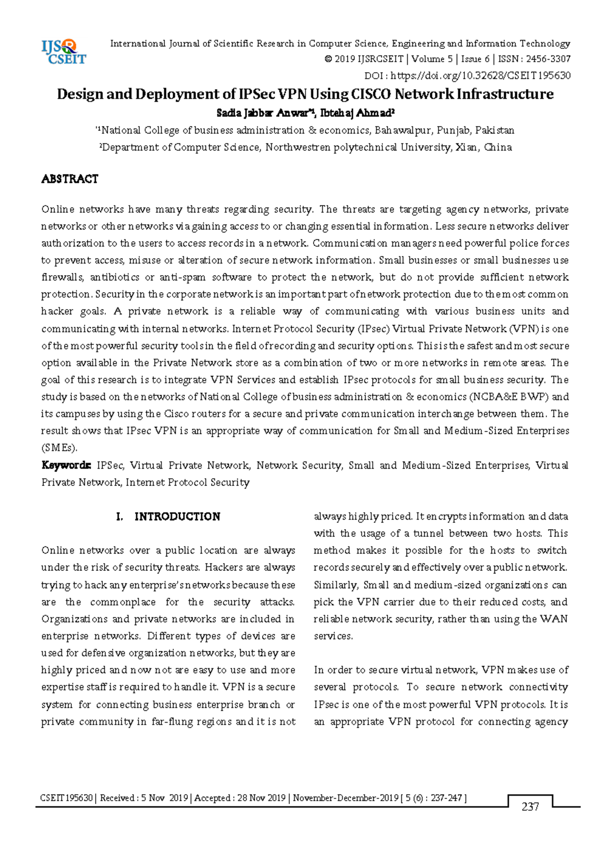 CSEIT 195630 - Design and Deployment of IPSec VPN in Networks - Studocu