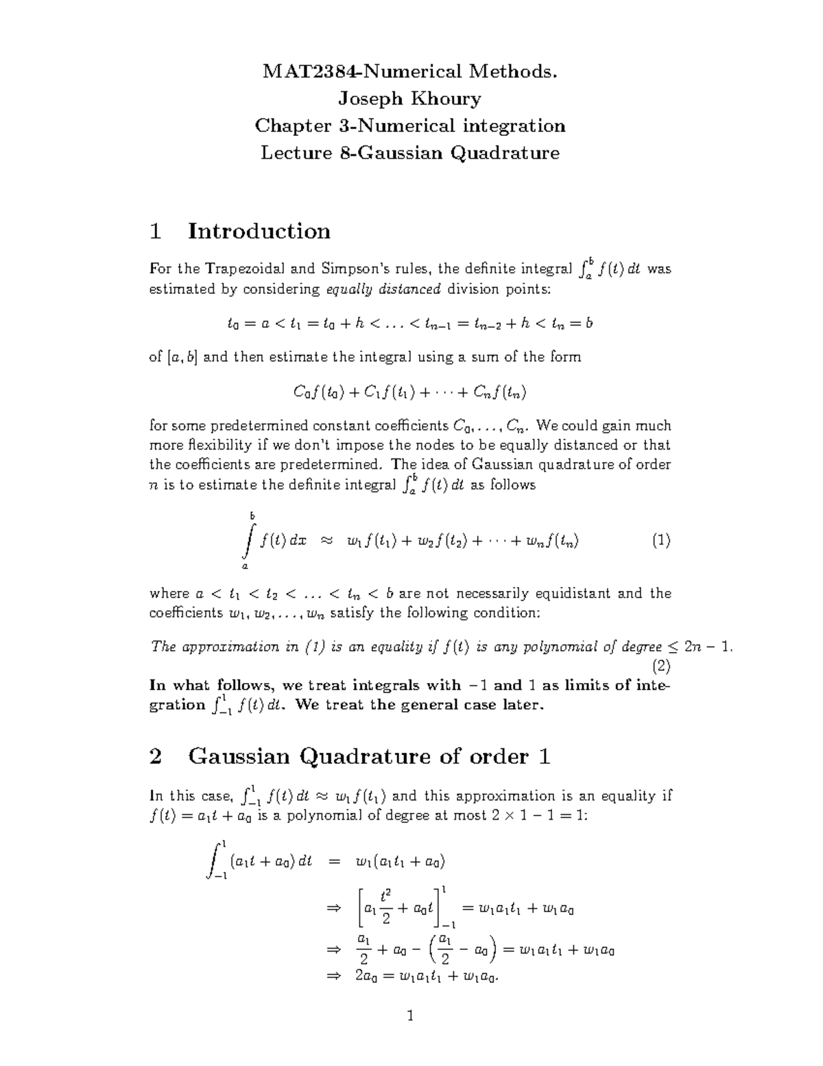 NM Lecture 8 - Fall 2025: Gaussian Quadrature Methods - Studocu