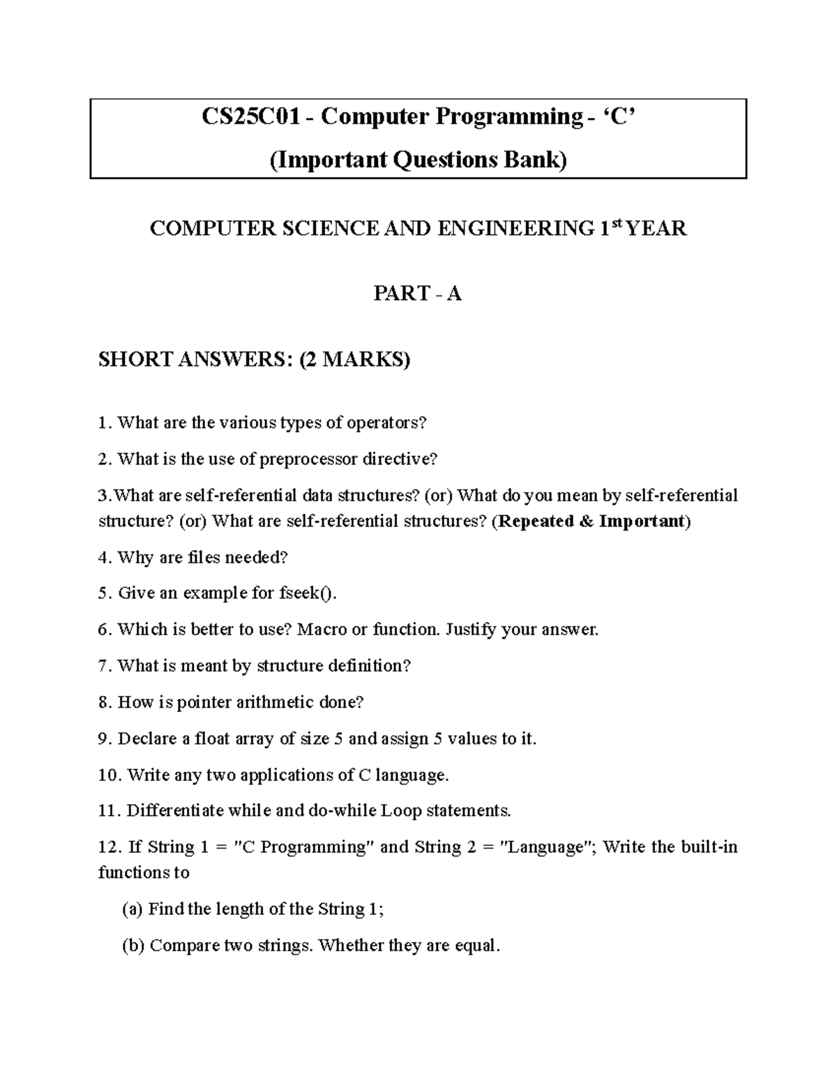 CS25C01 Computer Programming Important Questions Bank for 1st Year ...