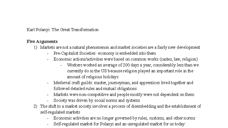 History 160 Midterm 1 Study Guide: Polanyi's Great Transformation ...