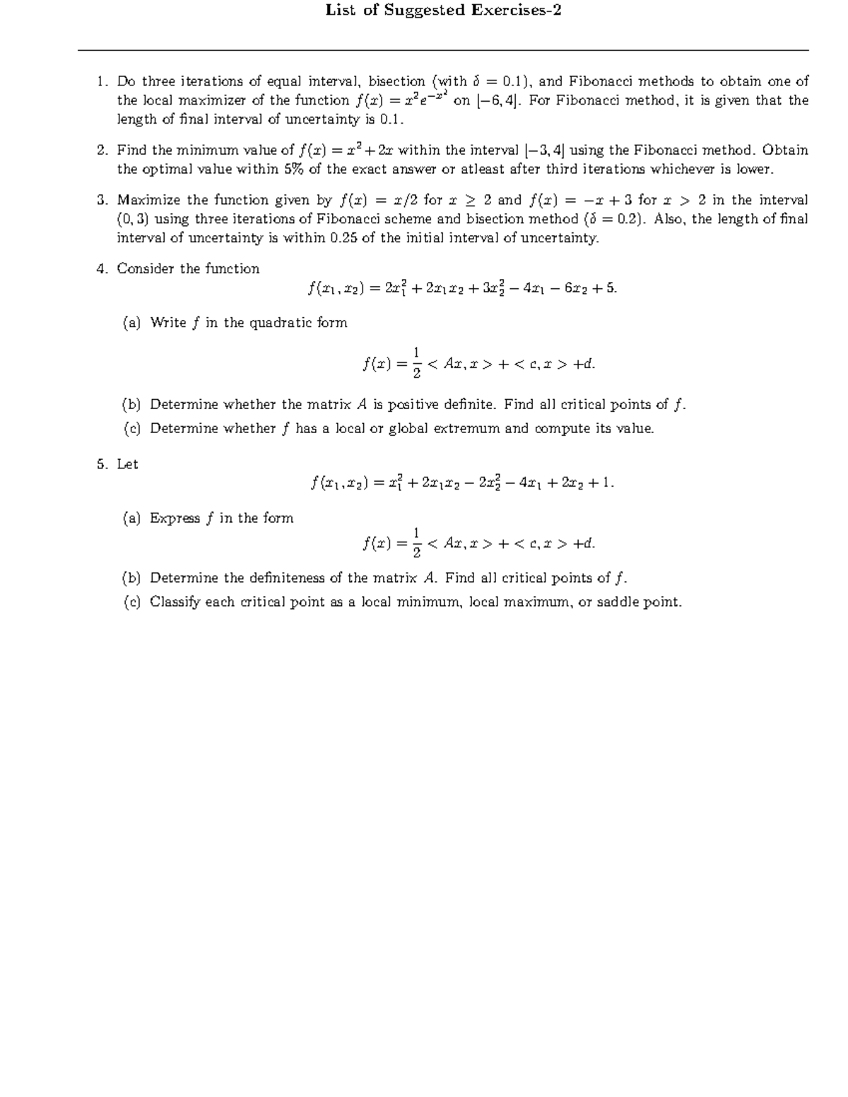 Suggested Exercises for Optimization Methods - MATH 202 - Studocu