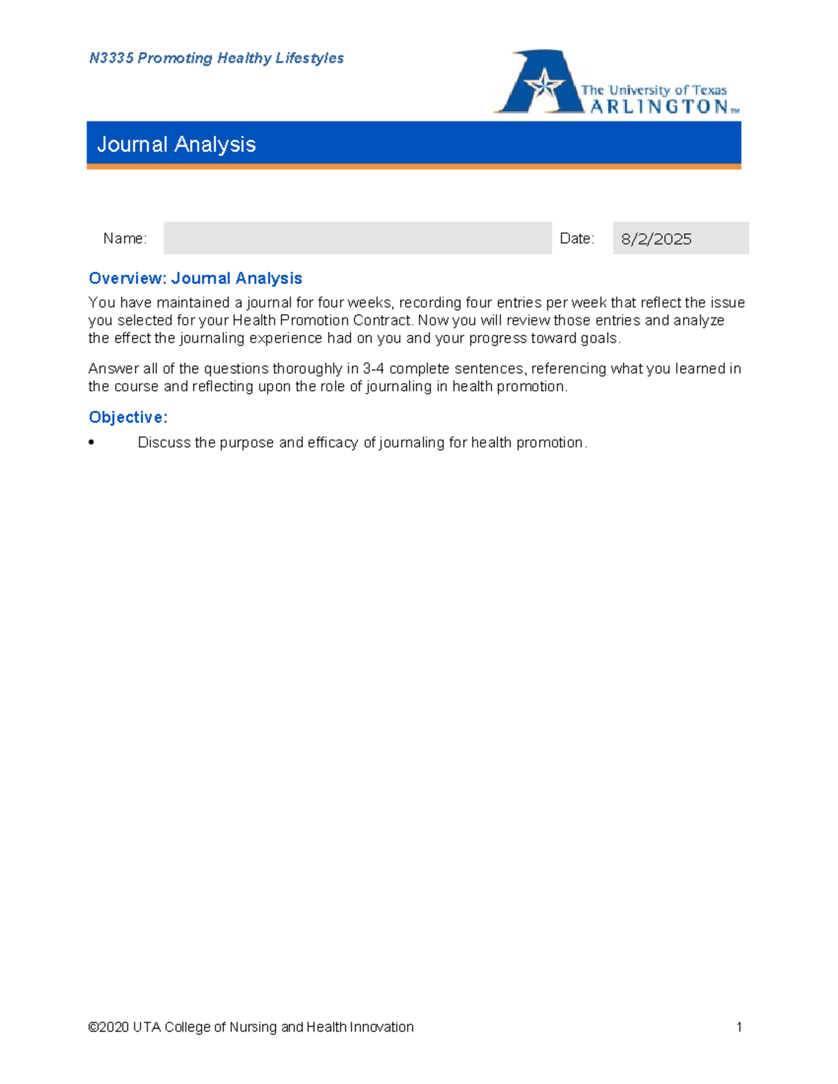 Journal Analysis for Health Promotion Contract (Su20) - Studocu
