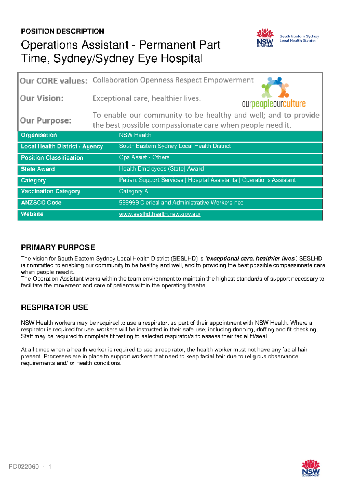 NSWH Requisition - POSITION DESCRIPTION Operations Assistant ...