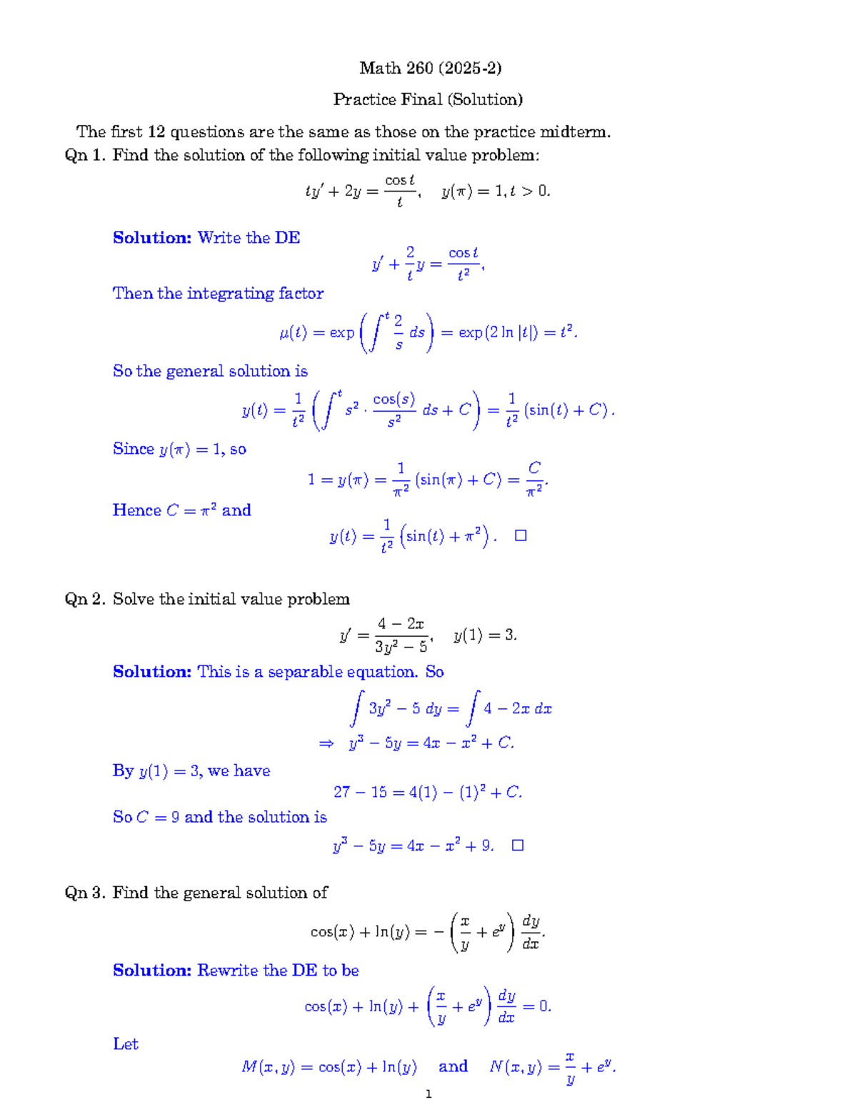 Math 260 Practice Final Exam Solutions and Key Concepts - Studocu