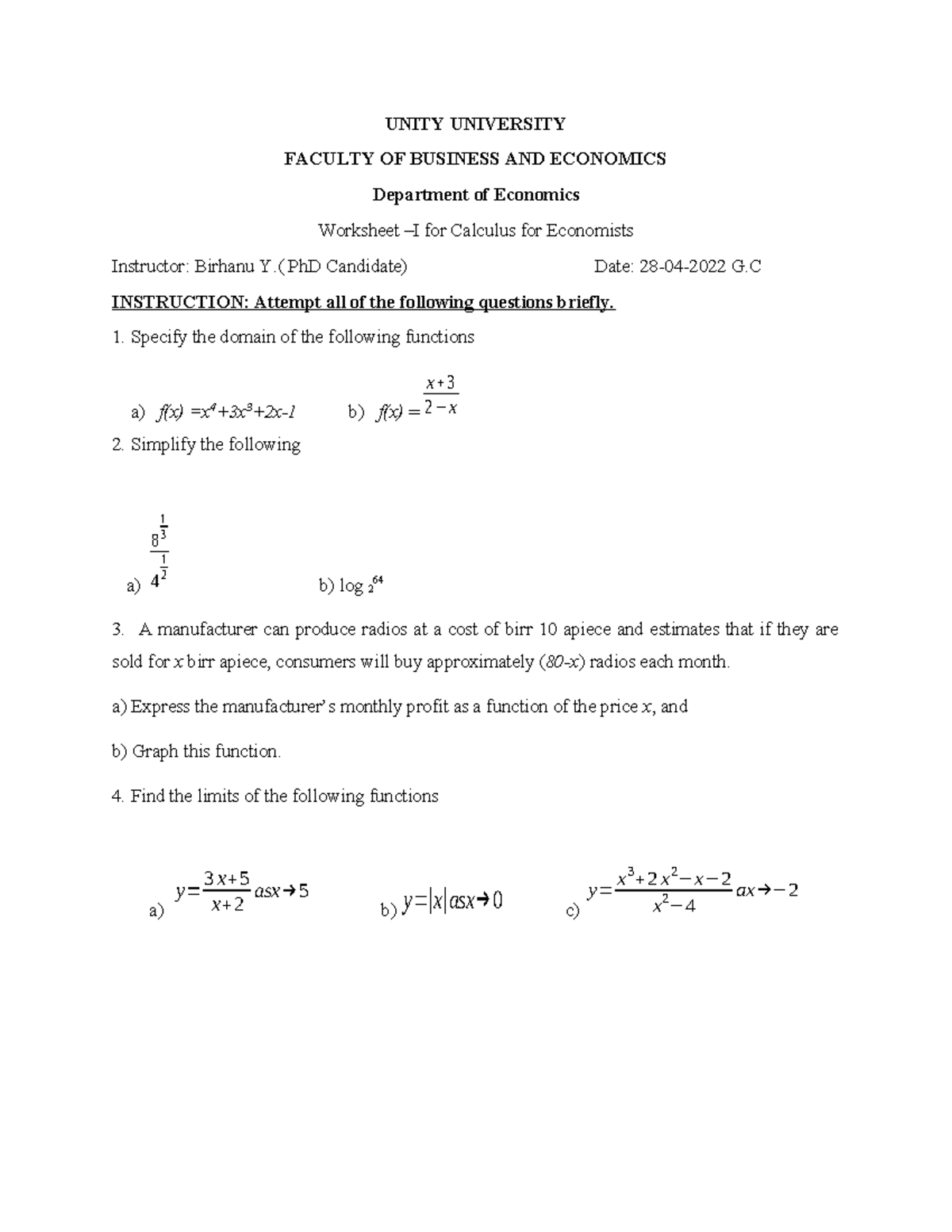 Calculus for Economists - Worksheet I Assignment (Date: 28-04-2022 ...