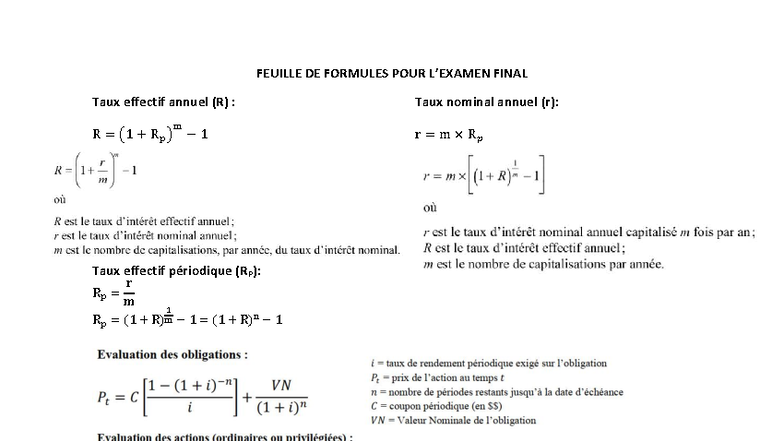 FIN 3500 Feuille de Formules Examen Final 2 - FIN3500 - FEUILLE DE ...