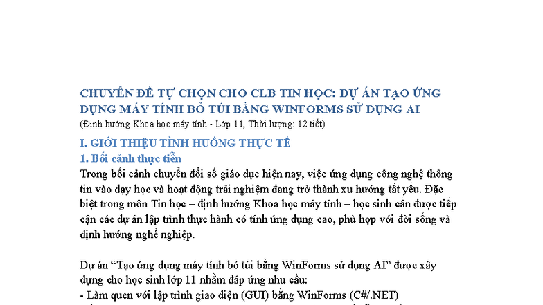 CHUYÊN ĐỀ TỰ CHỌN CLB TIN HỌC: DỰ ÁN ỨNG DỤNG MÁY TÍNH BỎ TÚI BẰNG WINFORMS SỬ - Document Preview