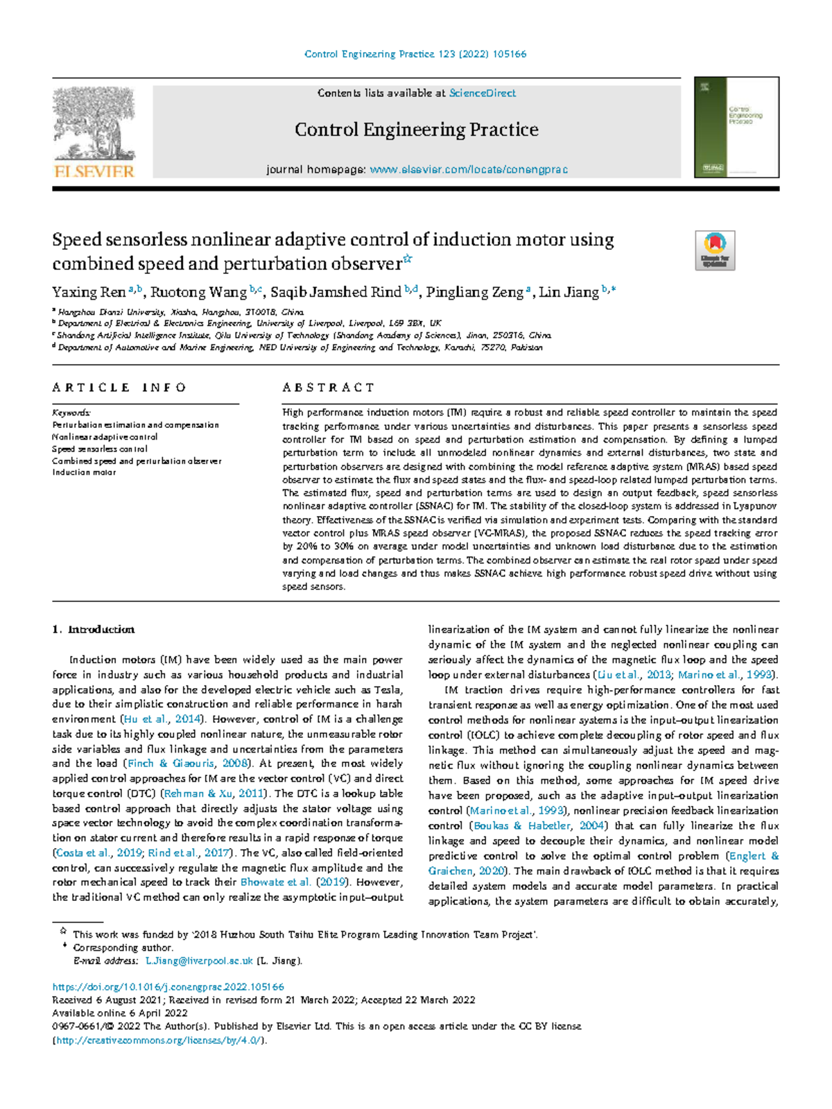Speed Sensorless Nonlinear Adaptive Control of Induction Motor (112 ...