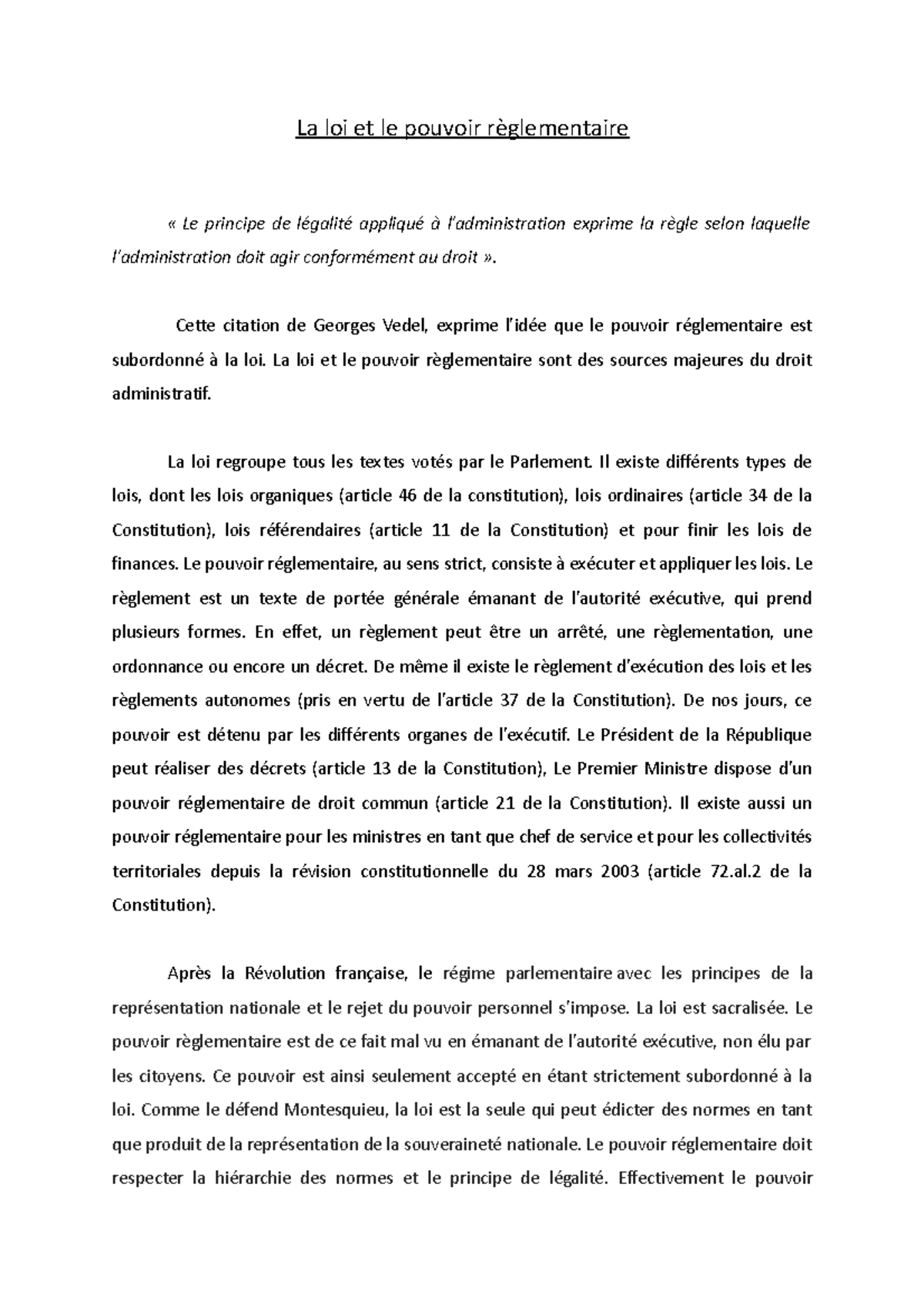 Loi et Pouvoir Règlementaire : Analyse et Équilibre Normatif - Studocu