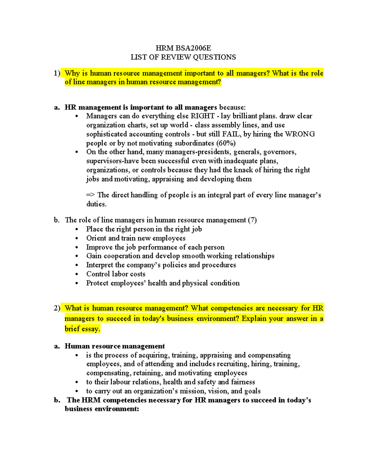 HRM BSA2006E Review Questions on Human Resource Management Concepts ...