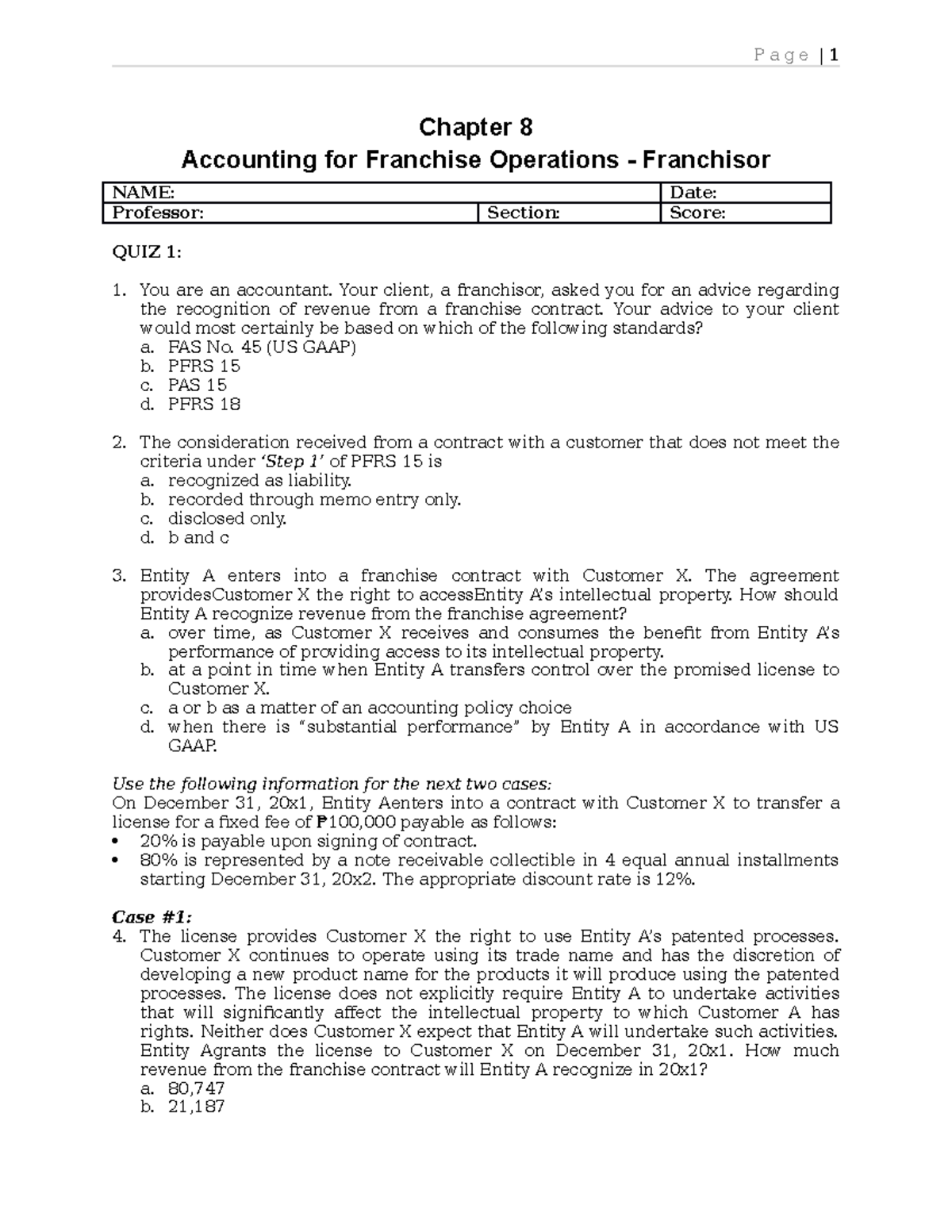 QUIZ: Chapter 8 - Accounting for Franchise Operations (Franchisor ...