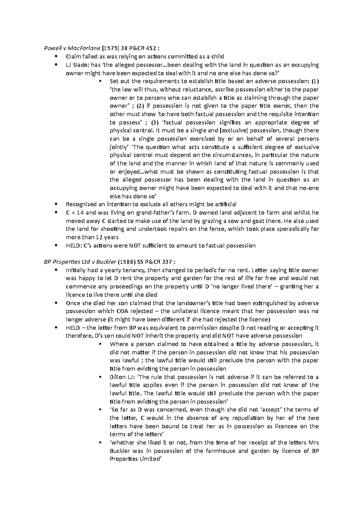 Land Law Case Summaries: Adverse Possession Analysis - Studocu